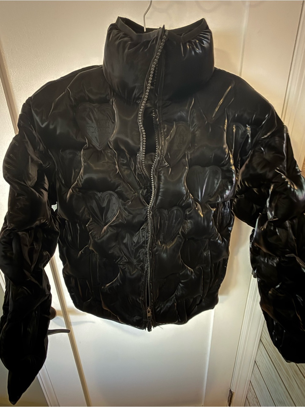 Moschino Shiny Black Puffer Jacket with Logo Tag